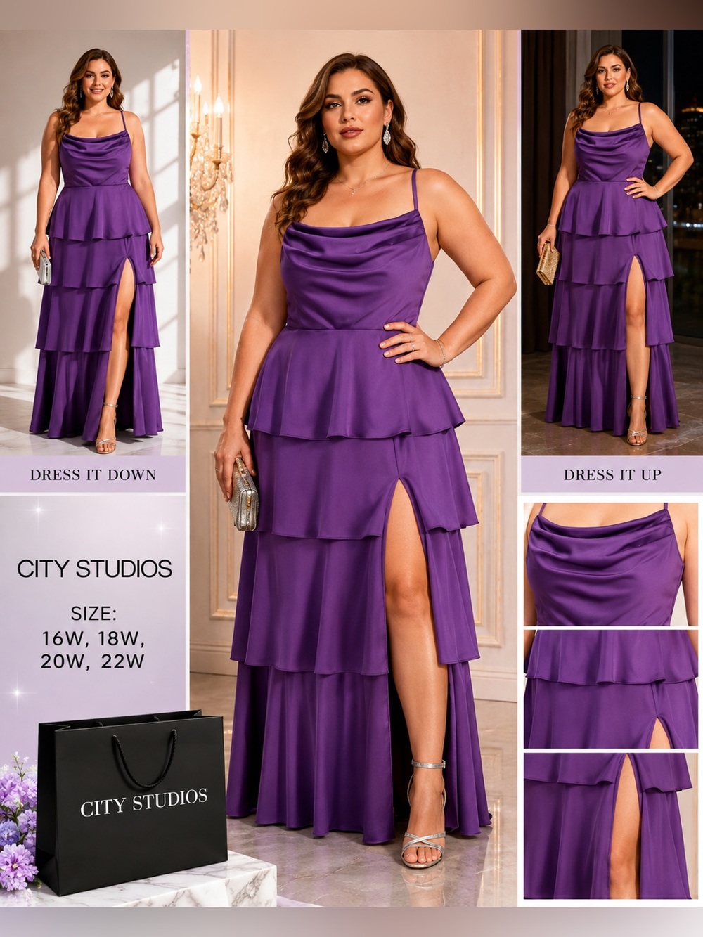 City Studios Purple Satin Tiered Maxi Dress with Cowl Neck